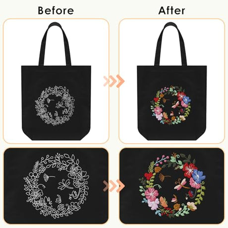 ERKOON Canvas Tote Bag Embroidery Kit for Beginners, Floral Arts Crafts Cross Stitch Kits for Adults Including Stamped Embroidery Bag with Hoops, Needle, Instruction and Color Threads(Wreath) ERKOON