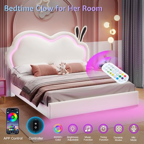 Jocisland LED Full Bed Frame for Girls Upholstered Floating Bed with Cute Cloud Headboard, No Box Spring Needed, Leather, White Jocisland