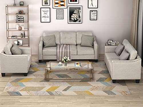 3 Pieses Mid-Century Modern Sofa Sets Linen Fabric Tufted Back Sofa&Couch Include 3 Seaters Couch, Loveseat and Armchair with Rivets Rivets for Home Apartment Office Living Room Furniture Sets