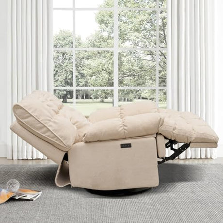 Power Glider Rocker Recliner Chair 360° Swivel Electric Lay-Flat Motion Seating Overstuffed Pillow-Top Arms Plush High Back Lumbar Support USB Charging Ports Smooth Quiet Motor (Cream White) WEALTHKING