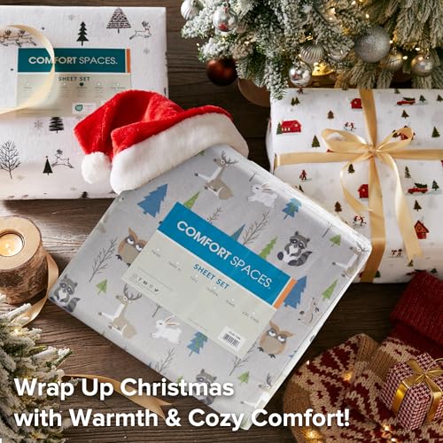 Comfort Spaces Cotton Flannel Sheets Twin Size, Ultra Soft Flannel Sheet Set with 12" Elastic Pocket , Novelty Print Warm Flannel Bedding, Multi Forest Animals 3 Piece Comfort Spaces