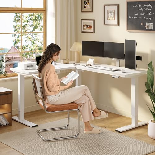 SANODESK L Shaped Standing Desk Adjustable Height, Electric Corner Standing Desk, 71 x 63 inch Sit Stand Computer Table with Splice Board, White SANODESK
