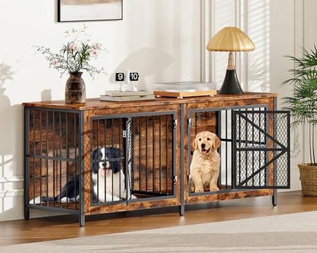 CHOEZON 71" Double Dog Crate Furniture for 2 Dogs, Wooden Dog Crate End Table, Dog Cage for Medium/Large Dogs, Heavy-Duty Dog Kennel Furniture with Framed Metal Doors, Rustic Brown and Black TGW02BF CHOEZON