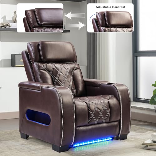 CANMOV Electric Power Recliner Chair, PU Leather Home Theater Seating with Power Headrest, Electric Recliner Sofa Chair with Ambient Lighting,Cup Holders,USB & Type C Ports, Armrest Storage,Brown