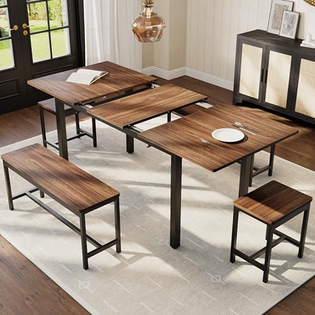 GarveeHome 5-Piece Dining Table Set for 4-8 People, 63 in Large Extendable Kitchen Table Set with 2 Benches and 2 Square Stools, Modern Dining Room Furniture Sets, Easy Assembly, Espresso GarveeHome
