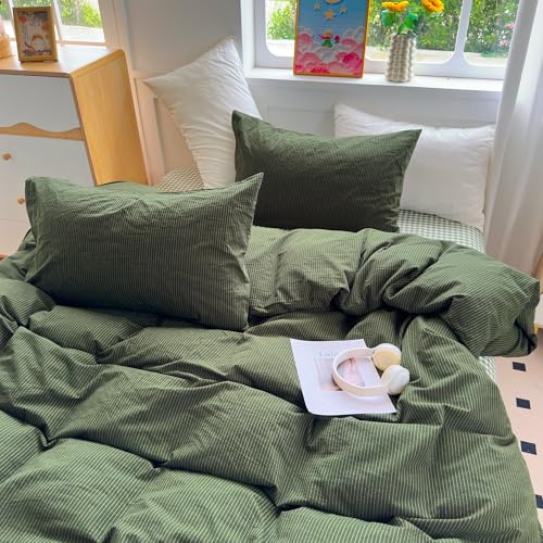 PinkMemory Green Striped Duvet Cover Queen 100% Washed Cotton Olive Green Stripes Duvet Cover Set Full 3pcs Pinstripe Pattern Bedding Set with Zipper Closure Corner Ties,Soft Breathable PinkMemory