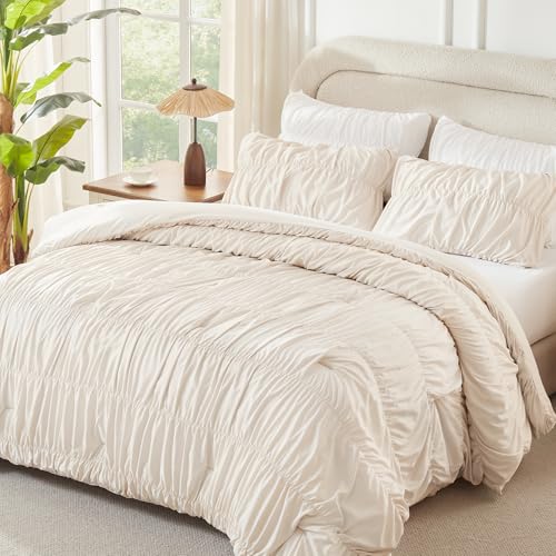 Andency Ruched Beige Queen Comforter Set, Shabby Chic Pleated Bedding Sets 3 Pieces, Lightweight Soft Boho Ruffle Bed Set for Girls, Kids, Women, All Season Andency