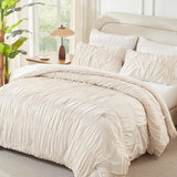 Andency Ruched Beige Full Size Comforter Sets, Shabby Chic Pleatd Bedding Sets 3 Pieces, Lightweight Soft Boho Ruffle Bed Set for Girls, Kids, Women, All Season Andency