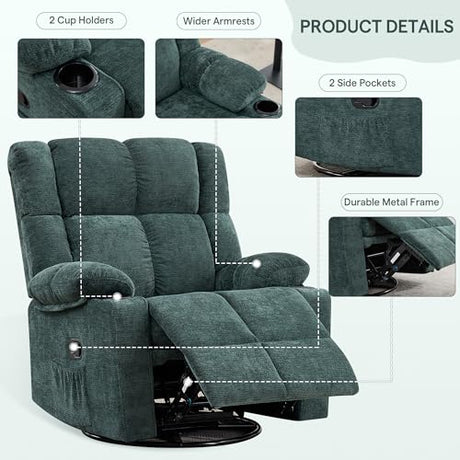 Coziture Swivel Rocker Recliner,Rocking Reclining Chair with Adjustable Headrest for Adults,Upholstered Fabric Swivel Recliner Chair for Bedroom,Living Room,Green Coziture