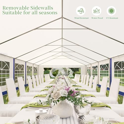LUXOAK 20 x 40 FT Extra Large Outdoor Event Shelter, Wedding Party Tent with Sidewall Windows & 2 Side Doors, Heavy Duty Canopy Gazebo Tent for Garden Patio Carport, White with Blue Stripes LUXOAK
