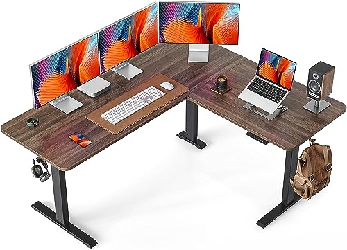 FEZIBO 63" L Shaped Standing Desk Height Adjustable, Electric Stand up Corner Desk, Sit Stand Home Office Desk with Splice Board, Black Frame/Black Walnut Top - WoodArtSupply