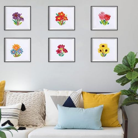 ZOIIWA 6PCS Spring Themed Flower Cross Sewing Kits for Beginners Flower DIY Embroidery Kit for Kids Adults Party Birthday Christmas Gift Needlepoint Patterns with 2 Embroidery Hoops Craft Supplies ZOIIWA