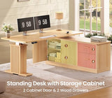 SEDETA L Shaped Electric Standing Desk, 55 inch Height Adjustable Office Executive Desk with Storage Drawers, Fluted Sit Stand Corner Computer Desk with Power Outlets for Home Office, Oak SEDETA