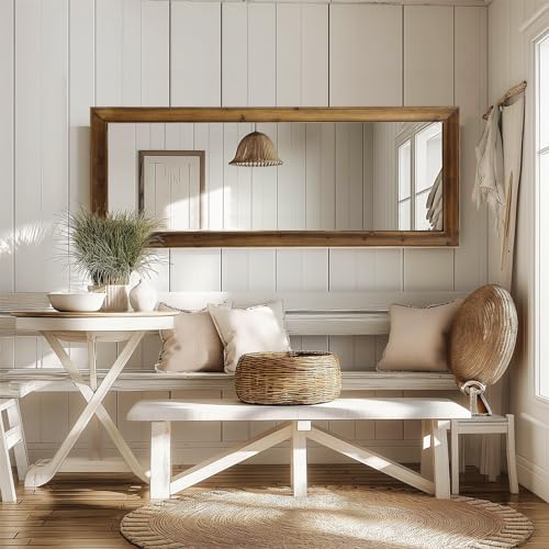 MELOMOIR Rustic Farmhouse Full Length Mirror, 64"x21" Wood Frame Floor Mirror, Free Standing Mirror Leaning Hanging Mirror, Long Mirror for Bedroom Living Room Cloakroom, Wood MELOMOIR
