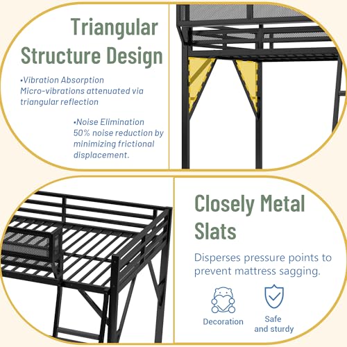 Full Size Loft Bed with Storage Shelves & Soft Foam Ladder, Metal High Loft Bed with Large Under-Bed Space & Guardrail, Heavy-Duty Modern Beds for Adults Teens and Kids, No Box Spring Needed, Black Aurnienofus