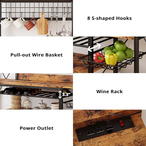 IRONCK Large Bakers Rack with Power Outlet, 62 Inch Wide Microwave Stand, Coffee Bar with Storage, Kitchen Racks and Shelves, Vintage Brown