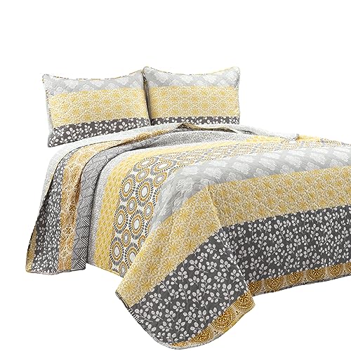 Lush Decor Bohemian Stripe Reversible Cotton Quilt Set, 3 Piece Set, Full/ Queen, Yellow & Gray - Striped Bedding Set - Yellow Quilts Queen Size - Boho Decor Lush Decor
