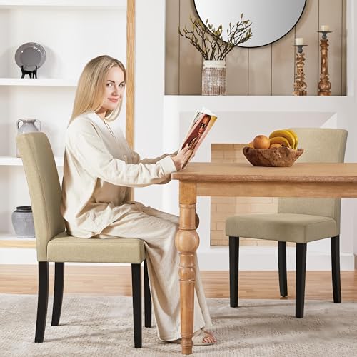 Yaheetech Dining Chairs Set of 2 Fabric Upholstered Parson Kitchen Chairs with Padded Seat and Solid Wood Legs for Dining Room/Restaurant, Khaki Yaheetech