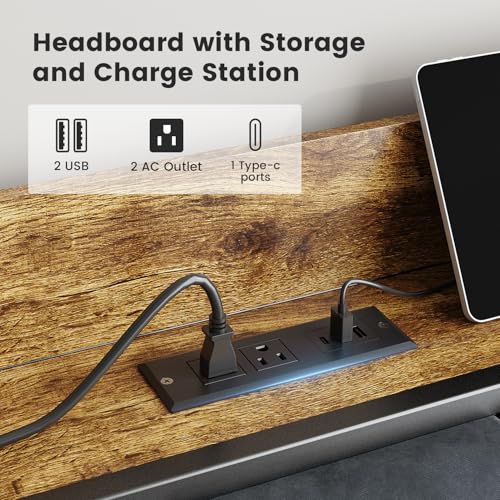 Queen Size Bed Frame with Wood Headboard, Metal Platform Bed with USB Charging Station and Smart LED Lights, No Box Spring Needed, Easy Assembly Liians