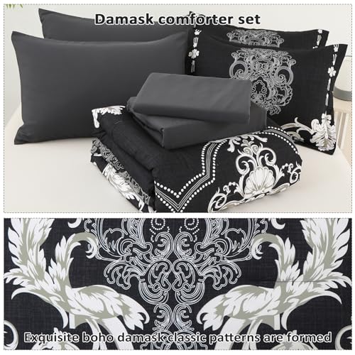 Mybedsoul King Size comforter set, 7 Pieces Boho Bed in a Bag for King Bed, Black Damask Comforter Set with Sheet, Pillowcases & Shams, Soft Microfiber Lightweight Bedding Set for All Season(90"x104") Mybedsoul