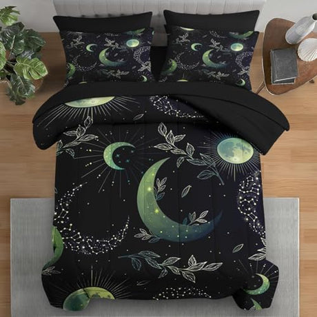 Pamnest Comforter Set Full Size, Green Boho Space 7 Pcs Bedding for Kids and Adults, Herbs Witch Floral Bed Sheet Sets with Fitted Sheet 2 Pillowcases & 2 Shams for Bedroom Bed Decor Pamnest