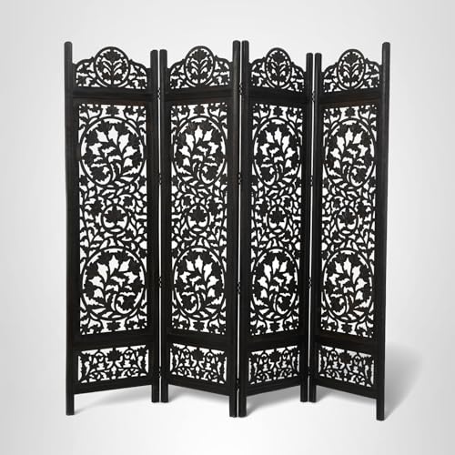 Deco 79 Wood Floral Handmade Partition Room Divider Screen Foldable Partition Carved 4 Panel Privacy Screen, Room Partition 80" x 1" x 72", Black Deco 79