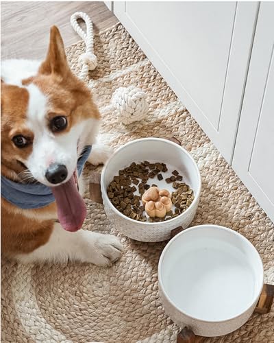 LE TAUCI Dog Bowls Small Breed,Dog Bowl Set with Acacia Wood Stand,1.8 Cups Food and Water Bowl for Small Dogs and Cats, Weighted Dog Dishes, Pet Bowls LE TAUCI