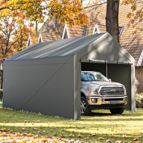 Carport, 10x20ft Heavy Duty Portable Garage, Car Port with Storage Shed, Car Canopy with Removable All-Season Tarp Sidewalls & Doors for Car, Truck, Boat, Party, Grey TANGJEAMER