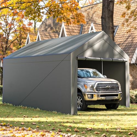 Carport, 10x20ft Heavy Duty Portable Garage, Car Port with Storage Shed, Car Canopy with Removable All-Season Tarp Sidewalls & Doors for Car, Truck, Boat, Party, Grey TANGJEAMER