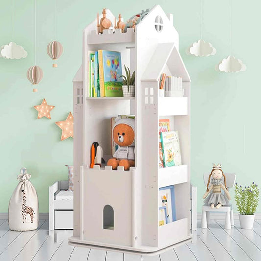 MOUDAO 360° Rotating Castle Bookshelf for Kids - White Toy Storage Organizer Rack - WoodArtSupply