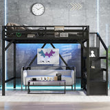 Bellemave Queen Loft Bed with Stairs and Wardrobe, Queen Size Loft Bed with Charging Station, Lights and Bedside Shelf, Heavy Duty Loft Bed Frame for Adults, Teens, Kids, Noise Free, Black Wood Bellemave