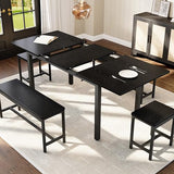 GAOMON Extendable Dining Table Set for 6-8 People, Farmhouse Style Wooden Table with 2 Benches and 2 Stools, Space Saving Kitchen Dining Room Furniture Set, Black GAOMON
