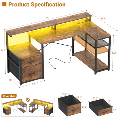 Aheaplus L Shaped Desk with File Drawer, Reversible L Shaped Computer Desk Gaming Desk with Power Outlet & LED Strip, Home Office Desk Corner Desk with Monitor Shelf, Storage Shelves, Rustic Brown Aheaplus