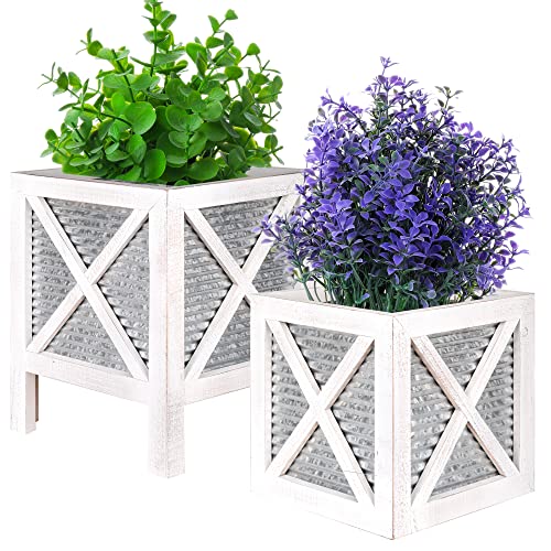 Autumn Alley Farmhouse Front Porch Planters Set of 2 Stand with Galvanized Corrugated Metal Planters for Outdoors/Indoors - Rustic Wood Square Planters Box on Legs – Charming Farmhouse Décor, White Autumn Alley
