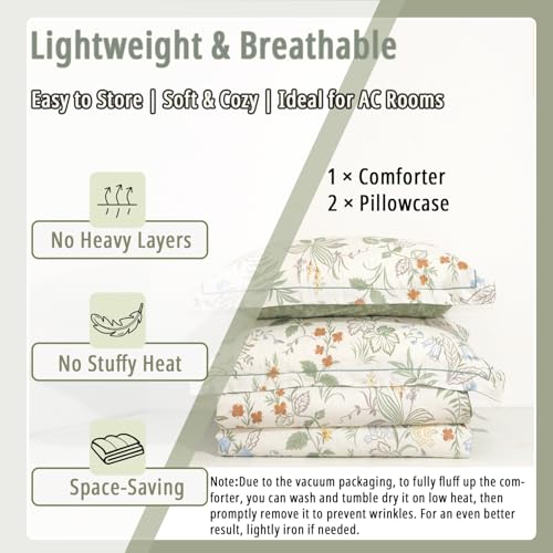 ALEISSEL Natural Cotton 3pcs Botanical Comforter Sets Queen Size-Green Comforter with Red & Blue Flowers,Gray Leaves on Off-White, Reversible Lightweight Bedding Sets(Full/Queen) ALEISSEL