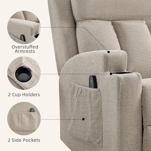 CANMOV Manual Recliner Chair with Massage and Heat,Comfy Recliner Chair Sofa with Overstuffed Arms and Back, Manual Reclining Single Sofa with 2 Cup Holders, Side Pocket for Living Room,Beige