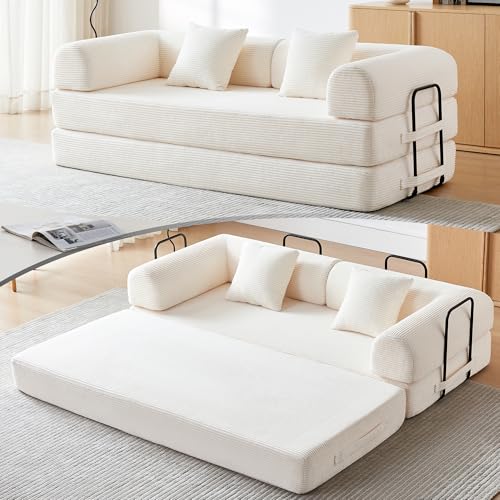 QQR Convertible Folding Mattress Couch, 5-in-1 Futon Sofa with Armrests, Sleeper Mattress Sofa Bed Comfy Fold Out Bed for Living Room, Bedroom, Lounge,Guest, Office (Beige White) QQR