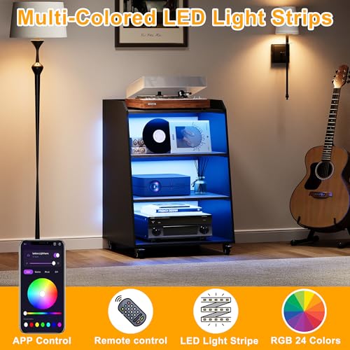 Rresyet 22.1" 4-Tier AV Media Stand with Wheels, Wooden Record Player Stand with LED Lights，Stereo Rack and Game Console Stand for Music Room, Living Room Rresyet