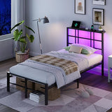 VINGLI Twin Bed Frame with Storage Headboard, LED Lights, and Charging Station, Single Metal Platform Pannel Bed with Wooden Storage Shelf, Underbed Storage Space, Apartement, Black VINGLI