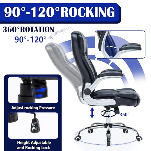 400lbs Executive Office Chair with Flip-Up Armrests, Big and Tall Computer Chair for Heavy People, Heavy Duty Ergonomic Comfy Chair, Breathable PU Leather (Black) HESL