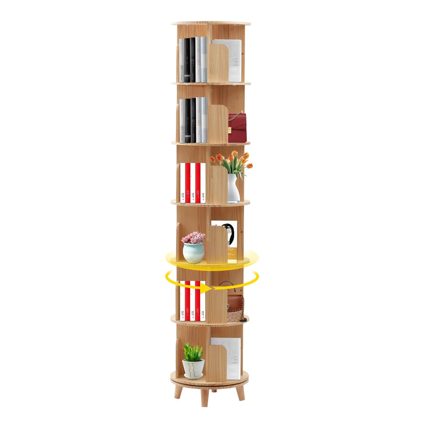 LyeXD 6-Tier Rotating Wood Bookshelf - Multi-Functional Display Bookcase for Any Room - WoodArtSupply