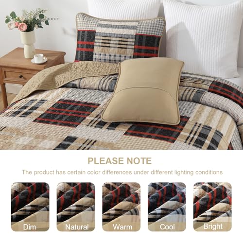 Annibedding Quilt Set Queen Size, Red-Brown Plaid Striped Bedspread Coverlet Set,Soft Microfiber Reversible Lightweight Bedding Cover for All Season(Queen,96"x90") Anibedding