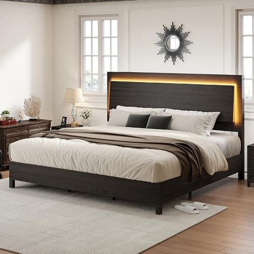 AMERLIFE Rustic Black King Bed Frame with LED Headboard - Stylish Platform Bed with Wooden Slats Support, No Box Spring Needed AMERLIFE