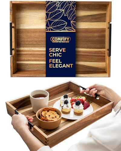 Decorative Serving Tray with Black Handles - Premium Acacia Wood Grain - Impress Your Guests with This Ottoman Tray, Serve Breakfast in Bed, Organize & Declutter - 13 x17 inch by Comfify Comfify