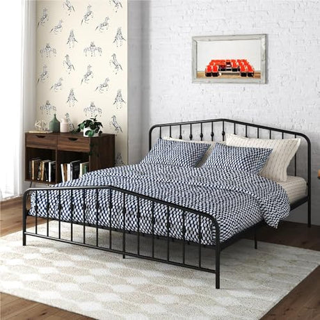 Novogratz Bushwick Modern Metal Bed, Slightly Triangular Headboard and Footboard with Inset Spindles, Adjustable Base Height for Underbed Storage, Requires No Box Spring, King Size - Black Novogratz
