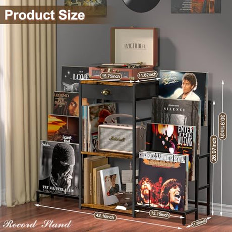 Record Player Stand with Vinyl Storage, Record Player Table with 8-Tier Vinyl Display Holder, Vinyl Record Stand Storage Up to 200 Albums, Turntable Stand with Metal Frame, End Table for Living Room ThreeHio