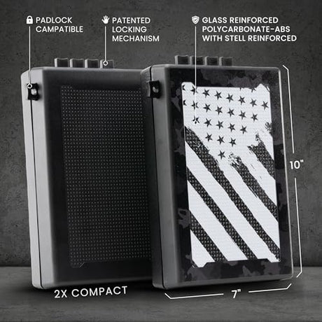 STOPBOX Gun Safe Alternative - Tactical Handgun Storage, Instant Access Portable Gun Case, TSA Compliant Gun Lock Box for Quick Handgun Access| FLAG CAMO + BLACK (2 Pack) | Compact Only STOP BOX