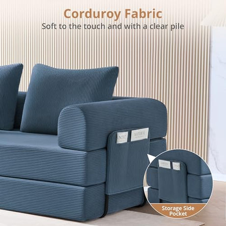 YUUIJOAA 4-in-1 Folding Convertible Sofa Bed, 78 Inch Oversized Corduroy Loveseat Sleeper with Pull Out Bed, Boneless Futon Couch for Living Room Apartment, No Assembly Needed, Blue YUUIJOAA