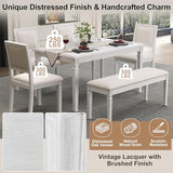 Merax Farmhouse Wooden Dining Set of 6, 72 Inch Extendable Kitchen Table, 4 Chairs w/Backrest, 2-Person Bench w/Cushion, Rustic Kitchen Table Set w/Distressed Finish & Carved Legs, Washed White Merax