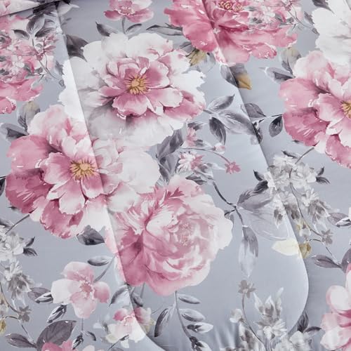 Joyreap 3pcs Floral Comforter Set Full/Queen, Tie-dye Pink Flowers on Gray Design, Microfiber Lightweight Bedding Comforter Set for All Season- 88x88 inches Joyreap